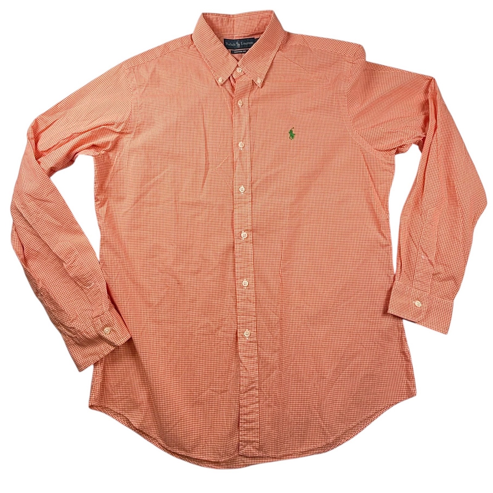 Ralph Lauren Mens Custom Fit Gingham Button Down Shirt Orange White Large Pony